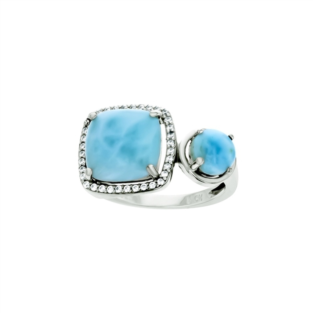 925 Sterling Silver Larimar 10mm Square Halo CZ and 6mm Round Shape Ring